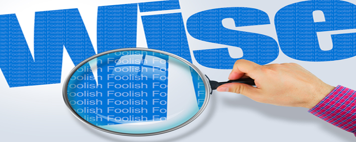 Wise - Foolish Opposite Message, Hand Holding Magnifying Glass