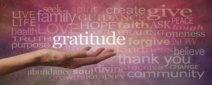 Female hand outstretched with palm up and the word 'Gratitude' hovering above with a stone effect background covered in different colored and sized 'Gratitude' words